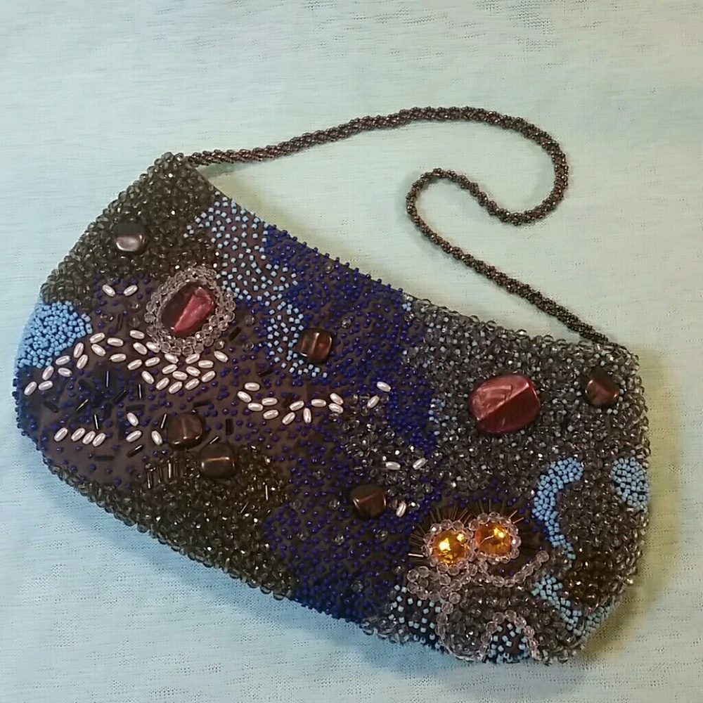 Preston & York Brown Satin Beaded Evening Purse